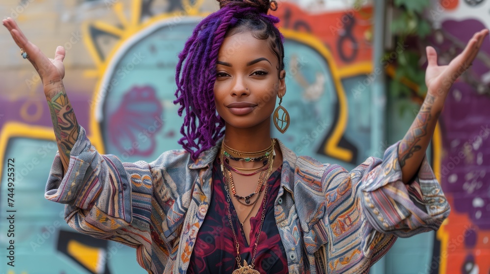 Urban Chic: Stylish Woman with Purple Dreadlocks Against Graffiti Art Urban Chic: Stylish Woman with Purple Dreadlocks Against Graffiti Art