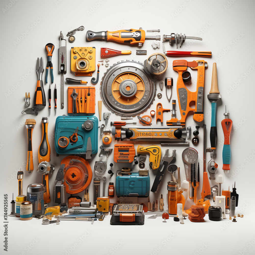Set of tools in orange backpack on white background. Top view.