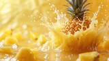Close shot of pineapple slices on yellow backdrop with water splashes and blurry backdrop for text or product, Generative AI.