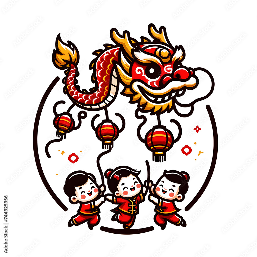 lion chinese and children in Chinese New Year concept, illustrator