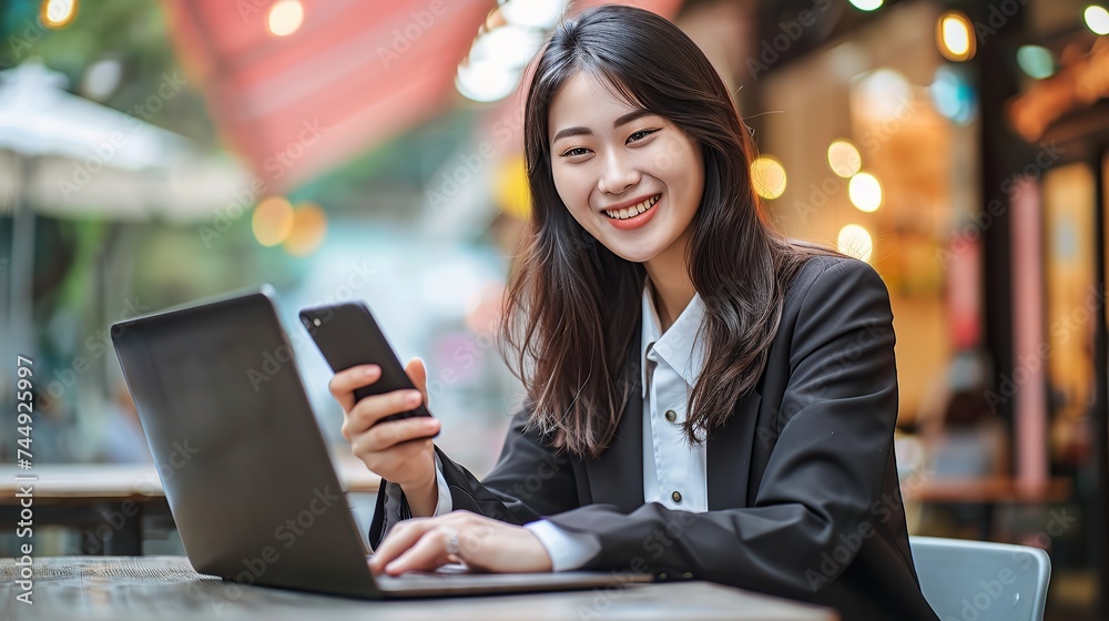 Fototapeta premium Young smiling cute Asian business woman professional or student sitting outdoors on city street at cafe table with cellphone holding smartphone using laptop and mobile cell phone for work or study.