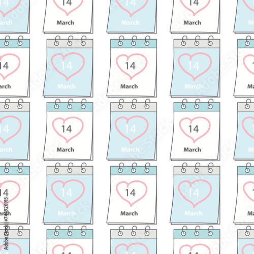 Seamless pattern of Calendar page with White Day date 14 March and heart shape stroke by hand around