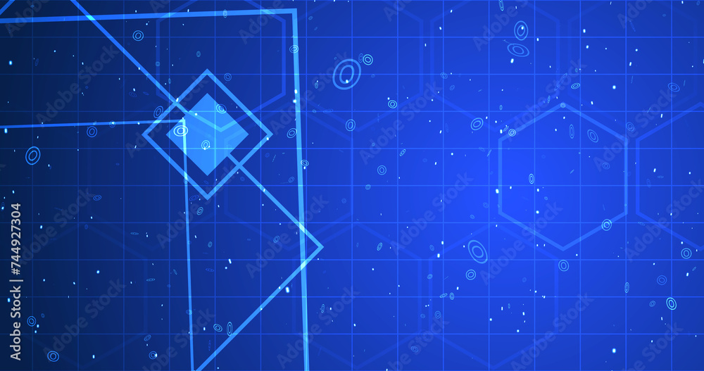 Fototapeta premium Hexagon network with square geometry shapes moving. Innovation science tech loop. Blinking polygons mesh futuristic chemistry molecules atom movement. Global cyber worldwide connections concept bg.