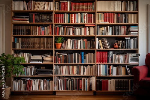 Books on large bookshelf in a room