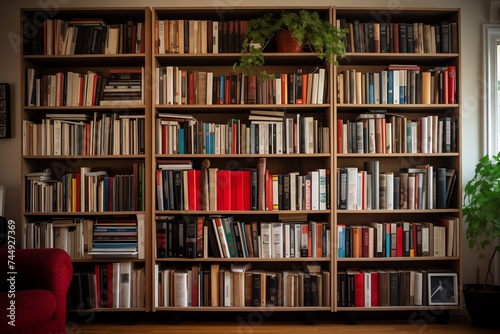Books on large bookshelf in a room