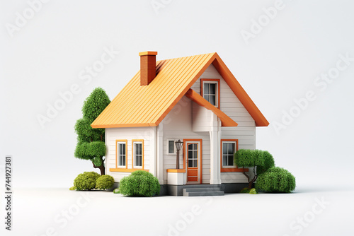 3d house with chimney and grass on a white background.