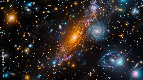 A view from space to a spiral galaxy and stars. Universe filled with stars, nebula and galaxy background, wallpaper