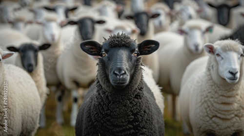 A Black Sheep Standing Out in a Flock of Sheep