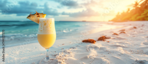 Refreshing pina colada on a tropical paradise beach with sunny summer vibes