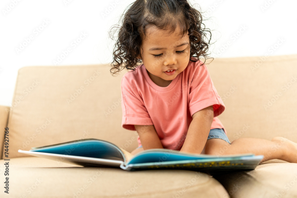Focused little cute girl reading a book story on sofa in living room at home. Kids activity learning. Emotional, Cognitive development concept. Focused little cute girl reading a book story on sofa in living room at home. Kids activity learning. Emotional, Cognitive development concept.