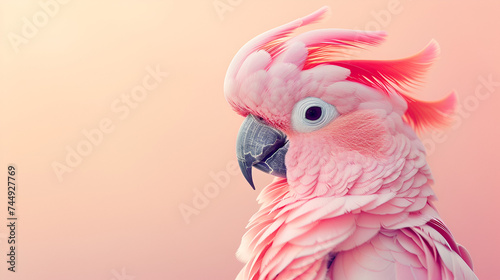A close-up of a stunning pink cockatoo with its crest raised, posing against a soft pastel pink background. generative ai © Malaika