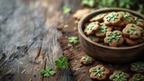 Irish national feast for St Patrick's Day the standard cookies with green frosting shaped likely a lucky shamrock and space, Generative AI.