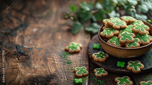 Irish national feast for St Patrick s Day the standard cookies with green frosting shaped likely a lucky shamrock and space  Generative AI.