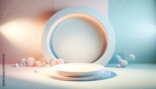minimalist studio background  3drounded podium amidst a soft pastel dream. 3d stage for product display. an abstract platform for product presentation. podium for advertisement. tech products mockup.
