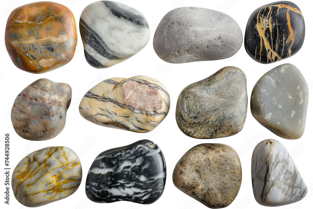 Collection of water river stone or spa stone with various types and shapes isolated on background, rock round shape. Collection of water river stone or spa stone with various types and shapes isolated on background, rock round shape.
