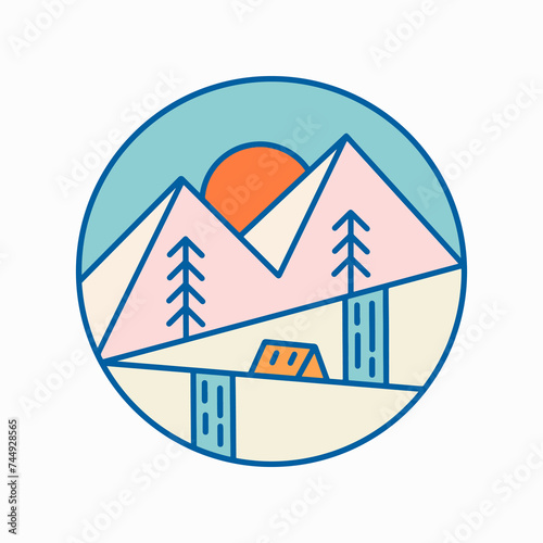 Camp under the waterfall and mountain mono line vector design