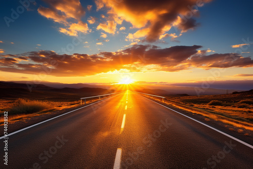 Road in the desert at sunset, Nevada, USA. Travel background