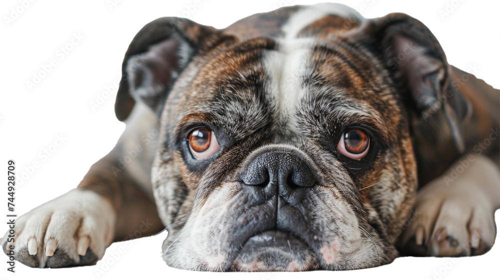 A closeup of a gray and white dog with a wrinkled face and a sad look, isolated on transparent background, png file.