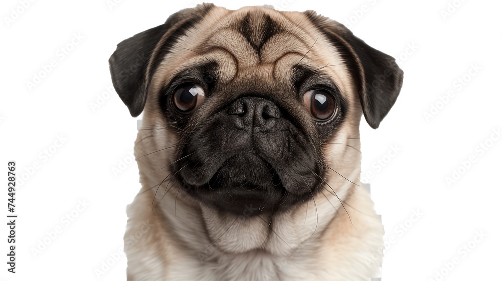 A closeup of a pug with a tilted head and a cute expression, isolated on transparent background, png file.