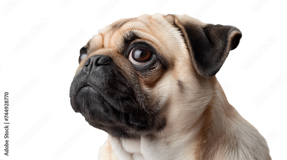 A closeup of a pug with a tilted head and a cute expression, isolated on transparent background, png file.