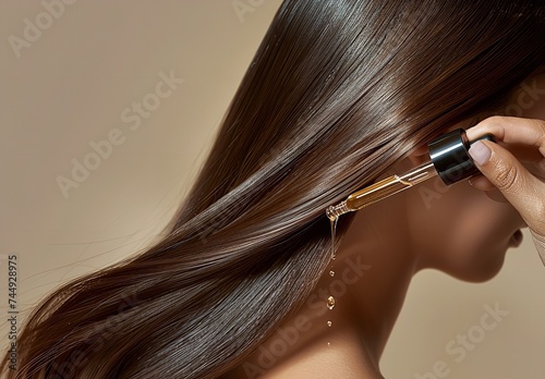 Over a backdrop of tan beige, a woman dispenses essential oil using a pipette to her hair roots and space, Generative AI. photo
