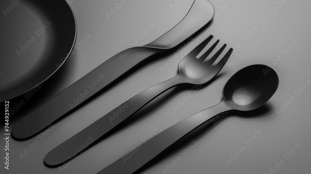 A table with a black plate, spoon, knife, and forks on a black table. A table with a black plate, spoon, knife, and forks on a black table.