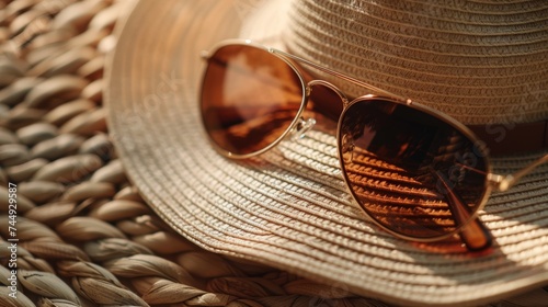 A straw hat and sunglasses on a table.