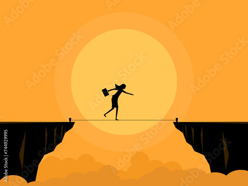 Balanced businesswoman climbs rope across cliff gap. vector © Nastudio