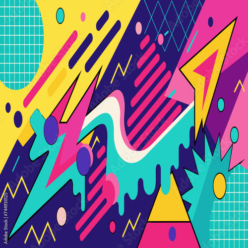 Vibrant Abstract Pop Art Color Paint Splash Pattern Background with Geometric Design Inspired by Trendy Memphis Style of the 80s-90s. Perfect for Wallpaper, Background, and Graphic Design Projects