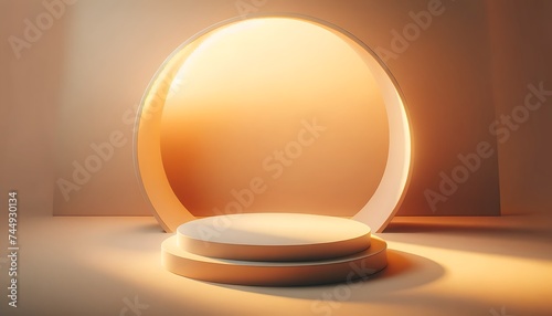 minimalist studio backdrop, 3d rounded podium bathed in golden hour light. 3d stage for product display. an abstract platform for product presentation. podium for advertisement. tech products mockup. © Arbaz