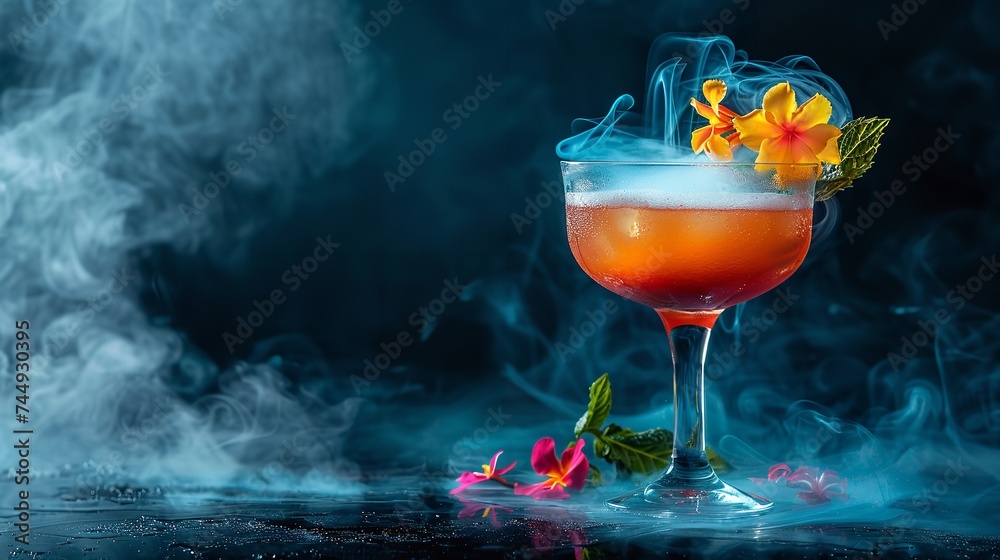 Portrait of a glass of colorful cocktail with flowers and smokes in a dark backdrop with a big empty space for text or product, Generative AI.