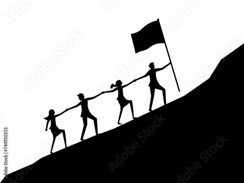 Silhouette of business team leaders climbing mountains together