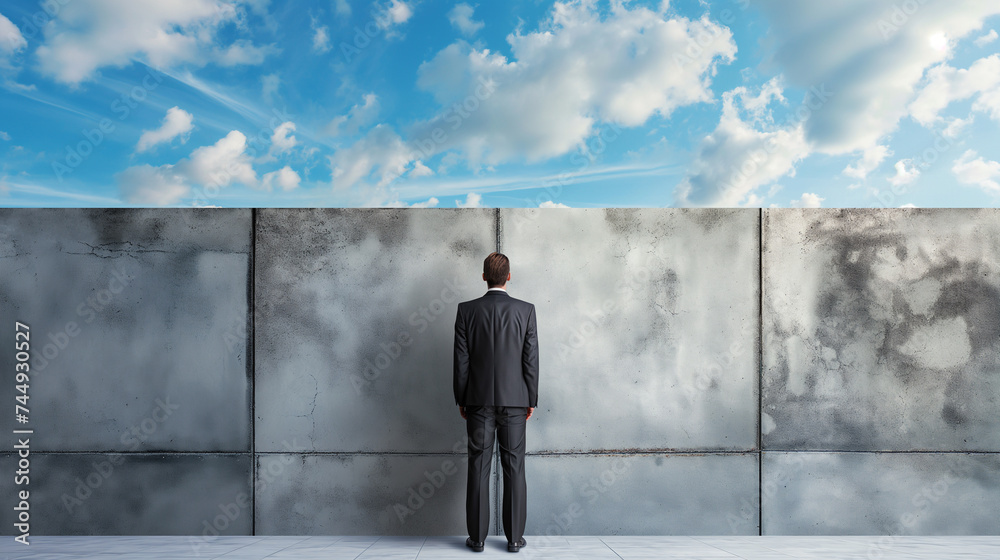 A lone businessman standing with a briefcase in front of a vast, featureless concrete wall under a blue sky.