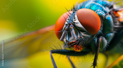 Close-up view of a housefly with striking red compound eyes and detailed micro hairs against a blurred background.