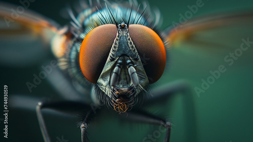 Close-up view of a housefly with striking red compound eyes and detailed micro hairs against a blurred background. © apichat