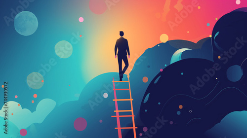 A businessman stands at the edge of a ladder overlooking a vast network of connected shapes, symbolizing future planning and strategy. photo