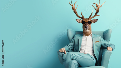 A humorous and surreal image of a deer dressed in a business suit and sunglasses, seated confidently in an armchair.