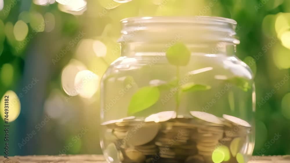 Coins and tree seedlings in glass jar, stock growth with blurry background and sunlight Coins and tree seedlings in glass jar, stock growth with blurry background and sunlight