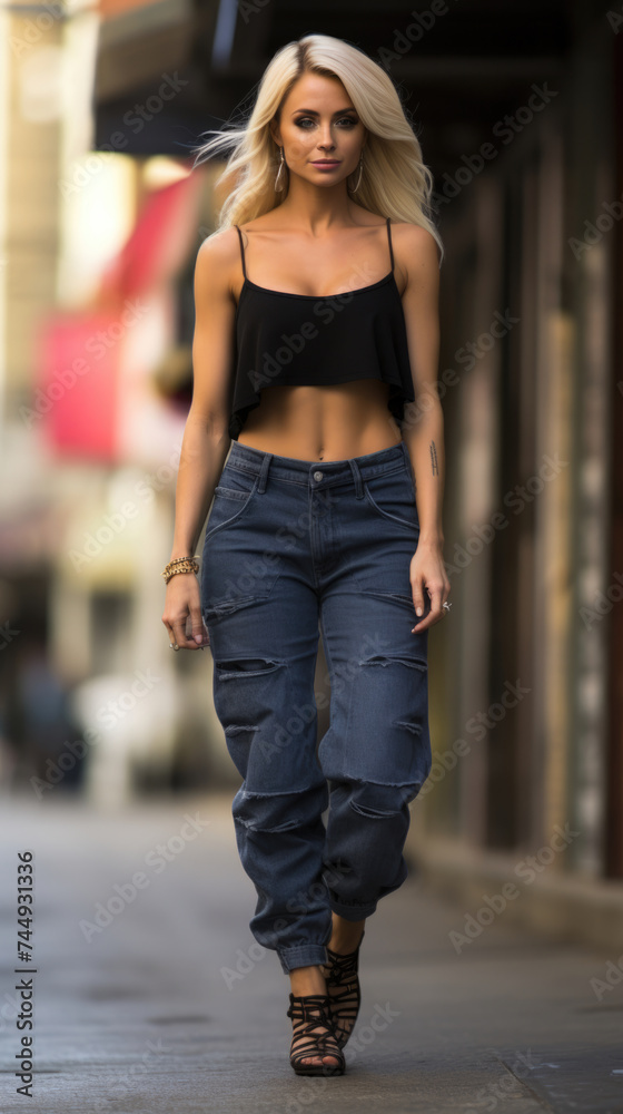 Fashionable Young Woman Walking Confidently on Urban Street