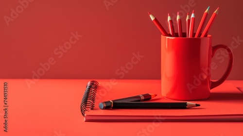 notebook, pencils and coffee mug on single and split color background copyspace composition. Office concept