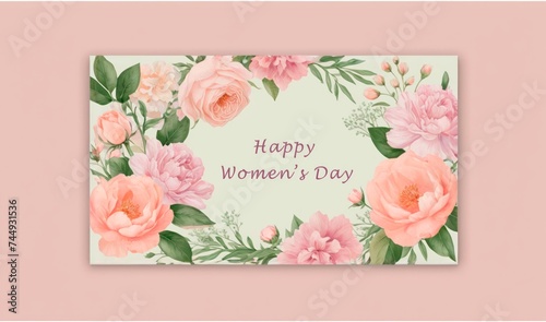 A pink and green floral Happy Women's Day card on a light pink background.. © ArtNexa