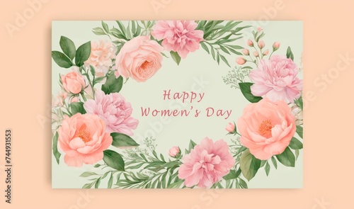 Happy Women's Day Card with Pink Roses. © ArtNexa