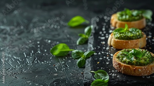 Tasty bruschetta's with pesto on black background with top view and a big space for text or product, Generative AI. photo
