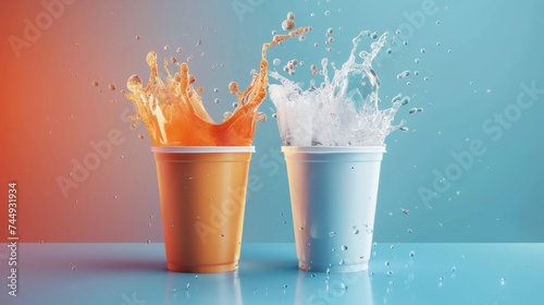 Two cups with ice and soft drink splashing out on a table.