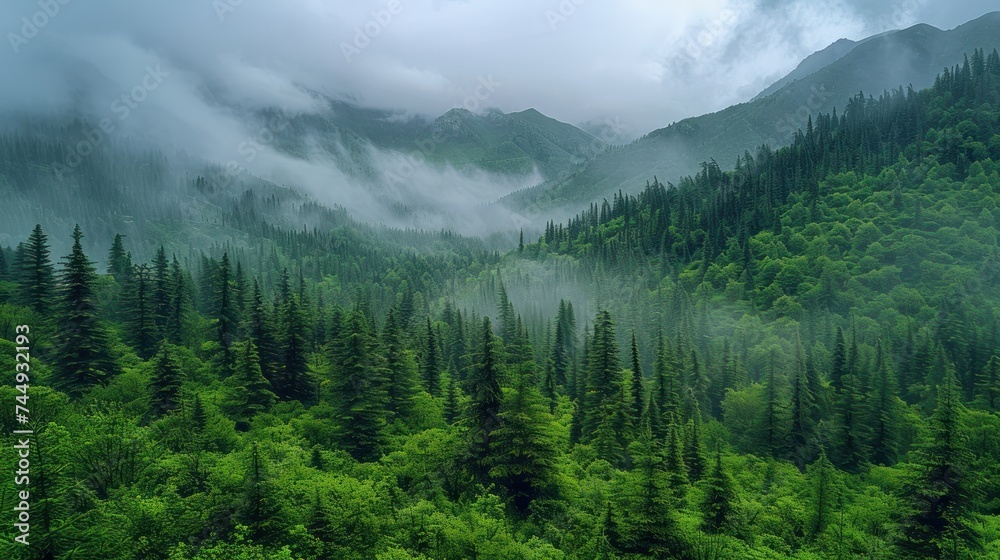Amazing panoramic landscape mountain forests covering with a lot of fog after rain. generate AI