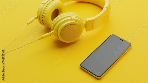 A yellow headphone and black smartphone on a colorful background.