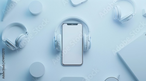 A headphone and smartphone on a colorful background.