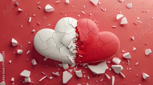 A broken white and red hearts on a red background.