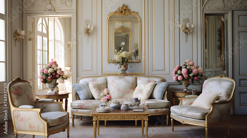 An elegant French provincial sitting room with a floral-patterned sofa set, gilded mirrors, and classic furniture.