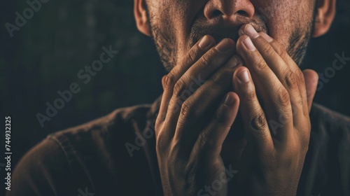 a man's both hands holding his mouth with a shock terrified look. Copy space with a dark background. photo